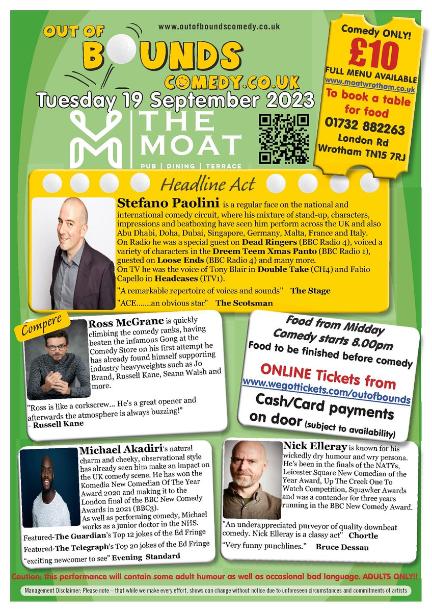 OoBComedy's tweet photo. Comedy in Wrotham next week. Great line-up. Great Food available beforehand. Book NOW or cash/card on the door! #comedyinkent #comedy #supportlivecomedy #supportyourlocalcomedyclub https://t.co/WLAdKl4003