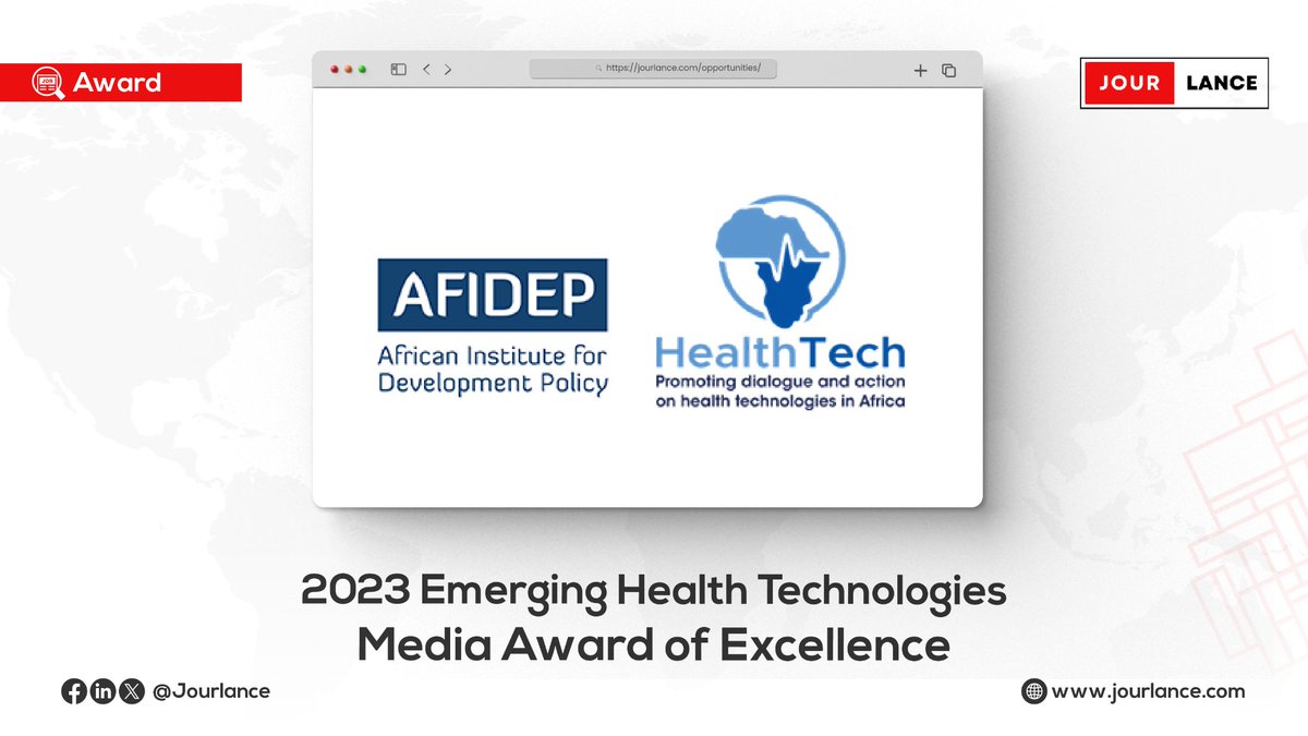 Jourlance's tweet photo. AFIDEP is calling for entries for the 2023 Emerging Health Technologies Media Award of Excellence! This award invites African journalists to submit their work, and grants prizes of USD 1,000 to USD 5,000.
Deadline: September 15, 2023.

Details:
https://t.co/2LmorBXTr6 https://t.co/wNdi8gYKrm
