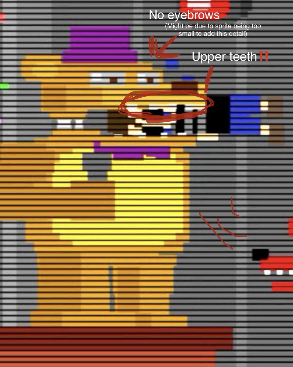 MClay1983's tweet photo. Tbh it really doesn't matter and I still think UCN Fredbear is pretty cool on his own &amp; like using him, but idk personally for consistency's sake I don't like using him as THE Fredbear we see in the FNAF 4 minigames as the sprite doesn't match &amp; I like the idea of him matching SB https://t.co/JB5IQl7Eu9