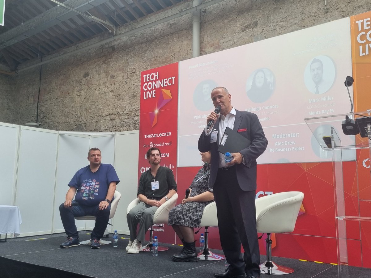Tweetinggoddess's tweet image. Mark Miller @MantaRayEV is on the panel now about sustainable digital transformation at @techconnectlive 
#TechConnectlive 
#TechConnectire