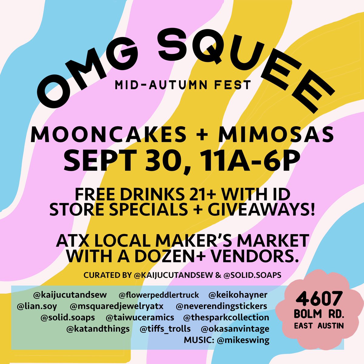 Save the date! Sat Sept 30th for the 2nd annual OMG Squee Mid Autumn Fest

There will be special mooncakes from Squee for the celebration &amp; free mimosas for 21+ w/ ID. Tunes provided by <a href="/MikeSwing/">DJ Mike Swing</a> &amp; a vendor market curated by Kaiju Cut + Sew &amp; Solid Soaps

instagram.com/p/CxLOJDzuojl/…