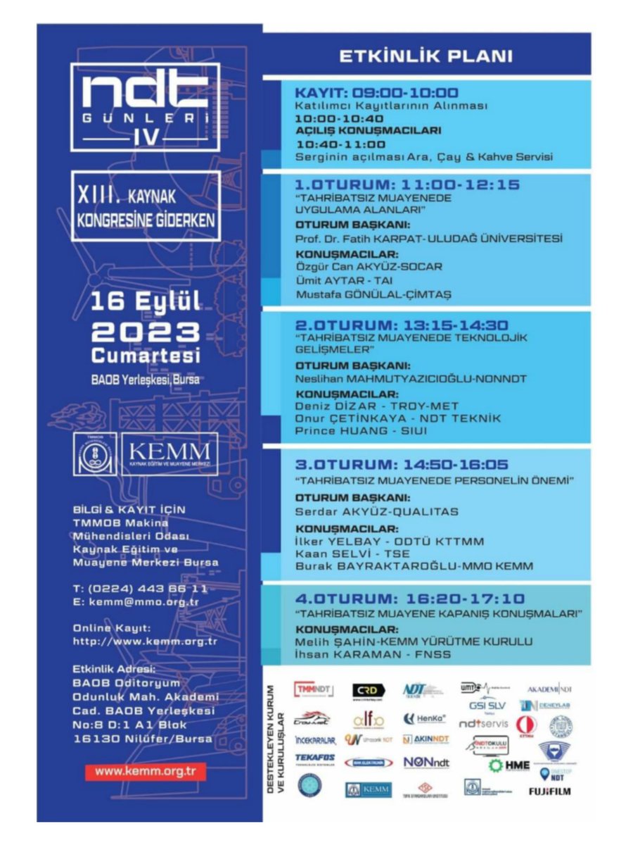ibrahimmart's tweet image. Teknik etkinlik!

➡️Sektöre önemli katkılar sunan ve NDT sektörünü bir araya getirmeyi amaçlayan ''IV. NDT Günleri-XIII. Kaynak Kongresine Giderken'' etkinliğimiz 16 Eylül 2023 Cumartesi Günü gerçekleştirilecektir.

#tmmob
#mmo #kemm #ndt #ndtdays