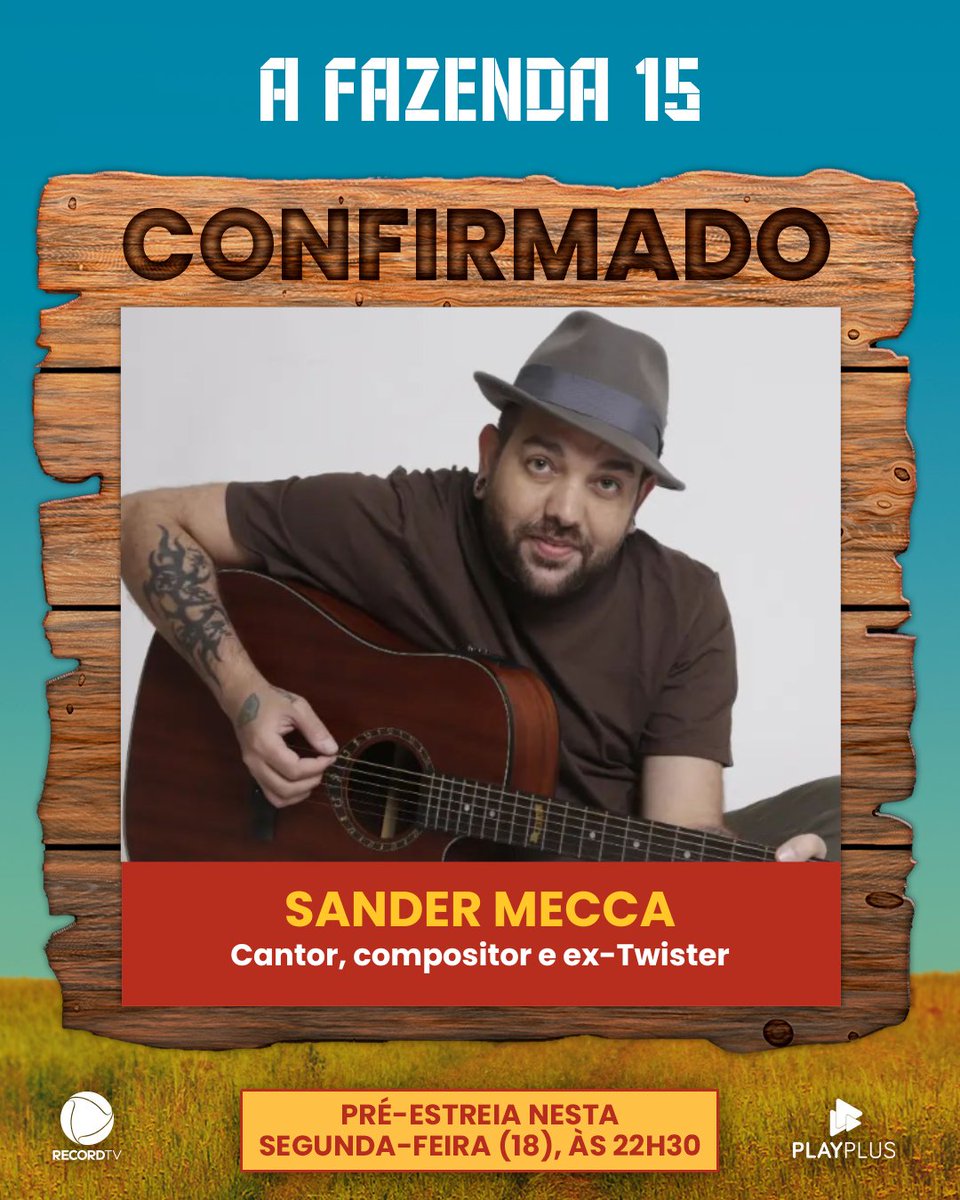 afazendarecord's tweet photo. 'Yeah, yeah, nada mal' 🤙 Sander Mecca é cantor, compositor e ex-Twister, conhecido pelo hit 40 graus! Ele é o mais novo peão confirmado em #AFazenda 🤠 🔥 

Não perca a pré-estreia de #AFazenda15 nesta segunda (18), às 22h30

#AFazenda15 #AquecendoOFeno https://t.co/JepwgxcQLB
