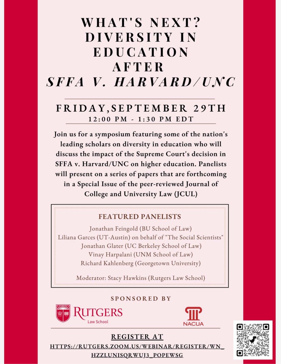 Concerned about diversity in HE after the #SCOTUS ruling this summer banning 'affirmative action'? REGISTER for this symposium featuring some of the nation's leading scholars (@VinayHarpalani, @JPYGold, @garceslm, @RickKahlenberg) discussing impact and strategies moving forward.