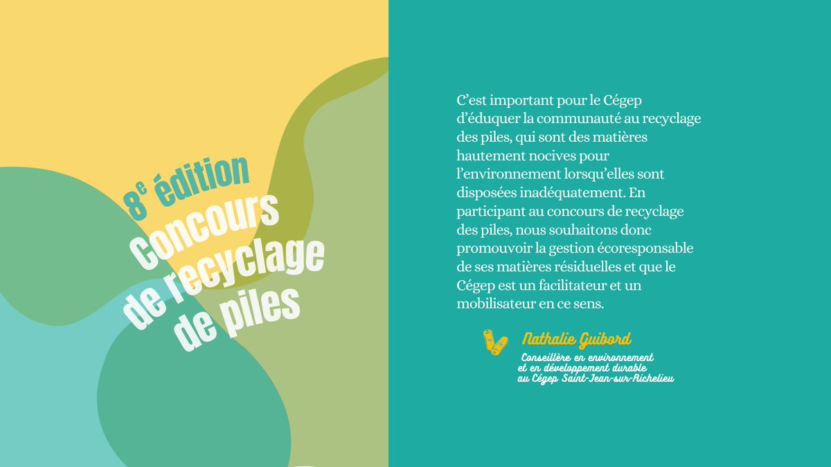 En participant au concours de #recyclage de #piles, vous éduquez votre #communauté en plus de l'outiller à mieux recycler ses #matièresrésiduelles. ♻️🍃
Pour s'inscrire 👉 bit.ly/inscription-co…