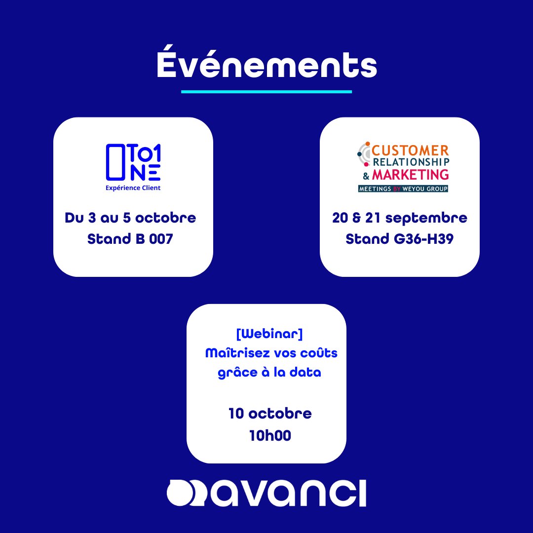 AgenceAvanci's tweet image. [ÉVÉNEMENTS] La rentrée s&apos;annonce chargée pour Avanci !  Sortez vos agendas et venez nous retrouver 🤩  
👉CRMM du 20 au 21 septembre - Stand G36-H39 👉 One to One Biarritz du 3 au 5 octobre  - Stand B007 
👉 Webinar &quot;Maîtrisez vos coûts grâce à la data&quot; le 10 octobre à 10h