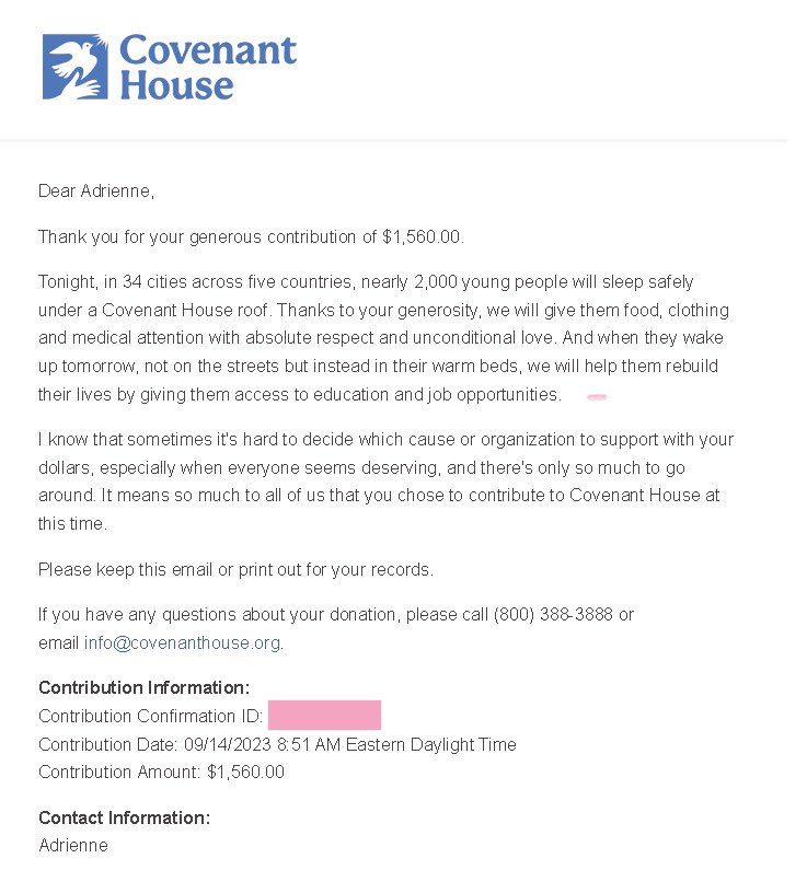 wanderlustquill's tweet photo. Thread: First donation made to @CovenantHouse! 

Thank you to the generosity of the #WarriorNun fandom!

I would like to thank everyone again who donated pieces for the book, time, money, bought extra books, RT’d to share. 
You all made an impact!

#WarriorNunSaved #CovenantHouse https://t.co/YJf7E5mB7Q
