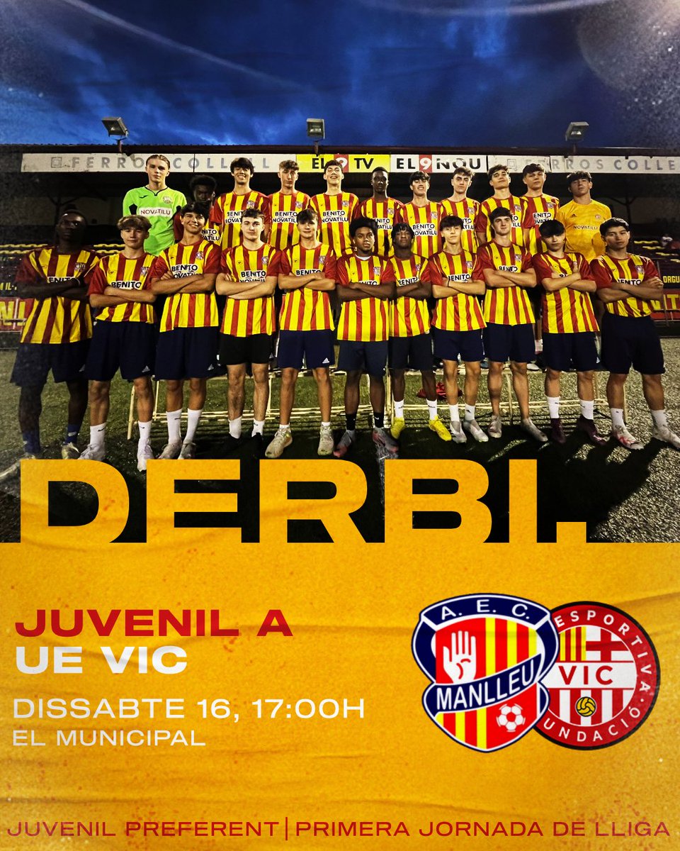 AECManlleu's tweet photo. 𝙄𝙉𝙄𝘾𝙄 𝘿𝙀 𝙇𝙇𝙄𝙂𝘼!

El Juvenil A inicia la lliga amb un plat fort. Dissabte a les 17:00h al Municipal vine a recolzar a l'equip al derbi!⚽

Som-hi Manlleu!🔥

💥 Partit 16/09 - 17:00h
📍 El Municipal
⚽️ @uevic
🎟 Gratuït

🟡🔴 #somdelmanlleu #aecmanlleu https://t.co/7Q38HDYj57