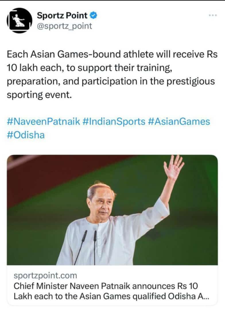 Raju_Mukherji's tweet photo. Very noble gesture indeed. Reminds me of the Maharaja of Patiala, Bhupinder Singh, who was the 1st genuine patron of Indian sports.

God bless you Mr. Patnaik. @Naveen_Odisha  

#AsianGames2023 #IndianSports @sportzpoint 

https://t.co/MPs0f5KhNy https://t.co/CnI1asws5S