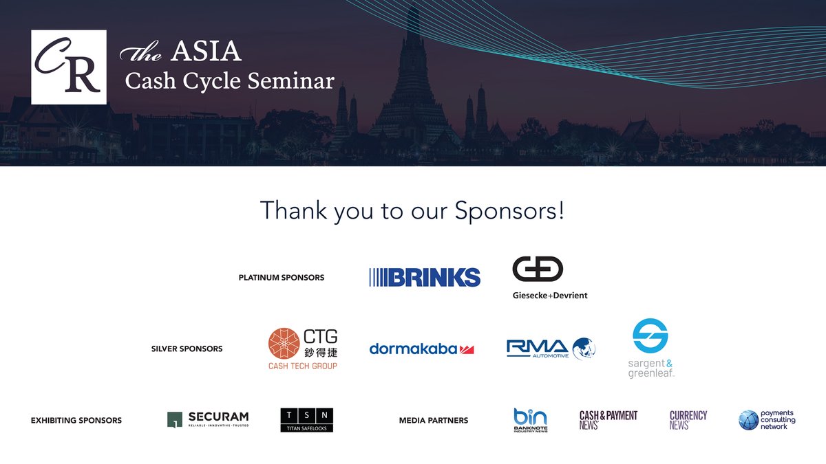 CurrencyResearc's tweet image. Thank you to all the #AsiaCCS2023 Sponsors for your support. Your sponsorship made this event a success! Mark your calendars for the Americas Cash Cycle &amp;amp; Payments Seminar on Nov 27-30, 2023 in Orlando. Learn more: bit.ly/3OF5Ne6 Also, don&apos;t miss the #BanknoteConference!