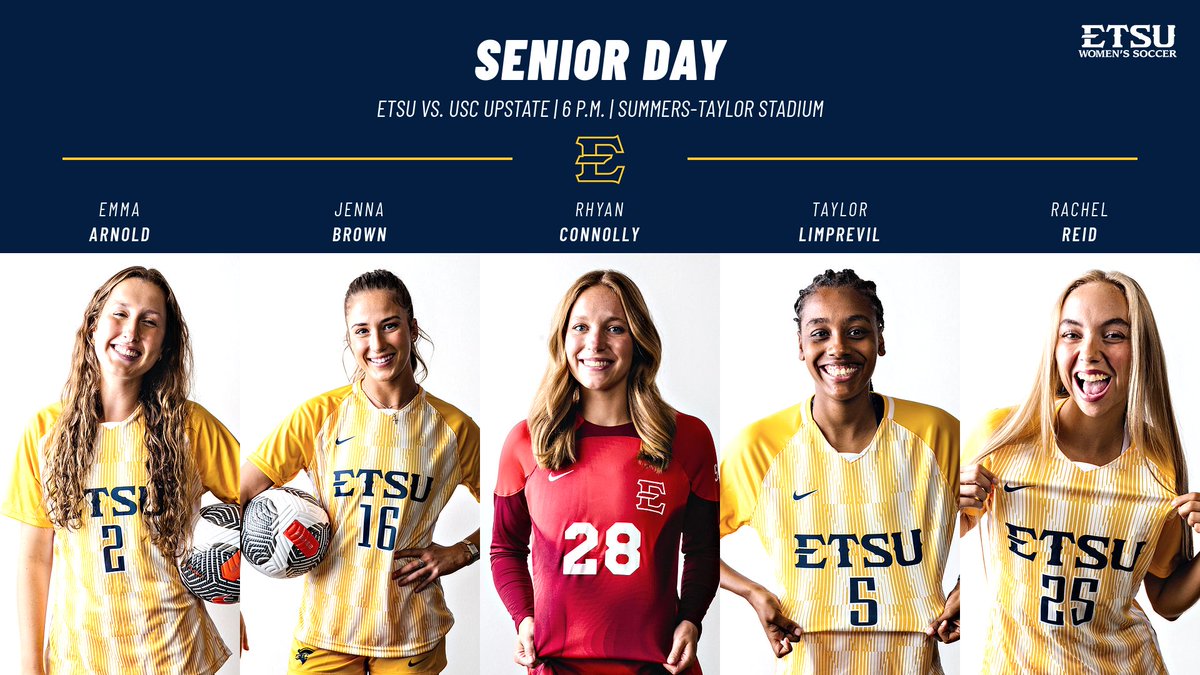 ETSUWSoccer's tweet photo. 𝙎𝙚𝙣𝙞𝙤𝙧 𝘿𝙖𝙮

🆚 USC Upstate
⌚️ 6p
🏟️ Summers-Taylor Stadium
📈 https://t.co/73G2HvMhCb

🔹Honoring Emma Arnold, Jenna Brown, Rhyan Connolly, Taylor Limprevil and Rachel Reid prior to the match https://t.co/5MRDpsat8s