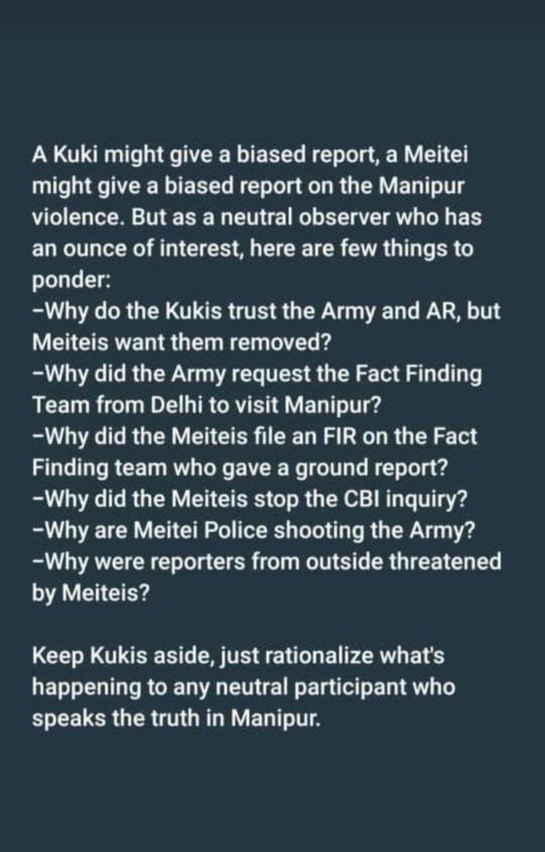 Think deeply and you will know the true picture of the ethenic violence in manipur. 
@BDUTT  @ShekharGupta  @thewire_in @PTI_News  @IndiaTodayNE @dhruv_rathee  @Analytical_Kuki