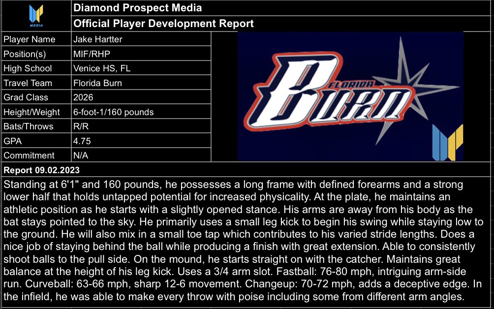 DPMUncommitted's tweet image. Official @DiamondProMedia Player Development Report on #Uncommitted 2026 IF/RHP @JakeHartter33 of @VHS__Baseball from the @FloridaBurn 2023 College Instructional Camp and Fall Tryout
#DiamondCoverage