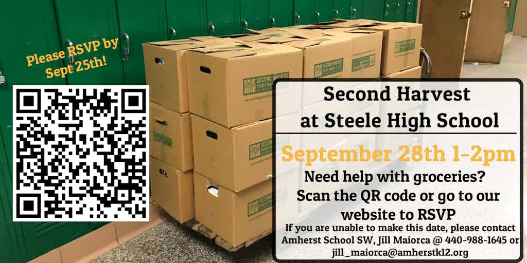 AsstCometSuper's tweet photo. Our first monthly @SecondHarvestOH distribution of the 2023-24 is coming up soon!  Please share w our Amherst families who may be in need.  💚💛💚 @AEVSDSocialWork @TheCometSuper @PowersPTO @nord_pto @ajhpto @Comet_Connect #CometNation #StrongerTogether https://t.co/1mG19odHEp