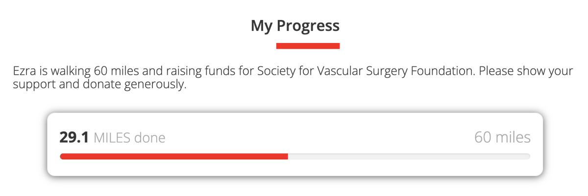 Almost halfway, need to step it up!
September is #PADAwarenessMonth. Join @VascularSVS to walk 60 miles for vascular health to keep the 60,000 miles of blood vessels in my body healthy.
Join me in the movement to get moving and register today at charityfootprints.com/Vascular/