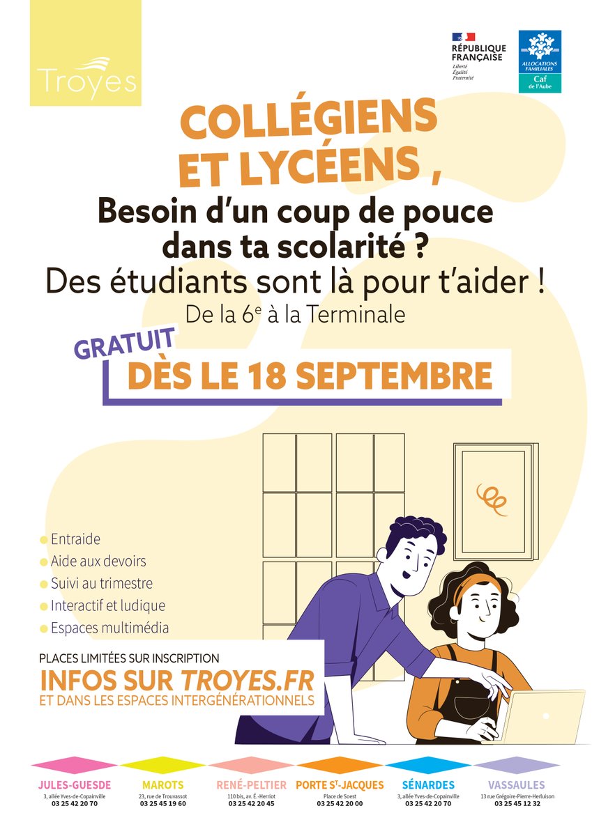VilledeTroyes's tweet photo. COLLÈGIENS, LYCÉENS, ÉTUDIANTS,
DONNEZ-VOUS UN COUP DE POUCE ! 📚
La Ville de Troyes met en place des aides aux devoirs pour les élèves de la 6e à la Terminale à partir du 18 septembre.
-
#aideauxdevoirs #devoirs #collegiens #etudiants #troyes https://t.co/fgUvoT1PPL