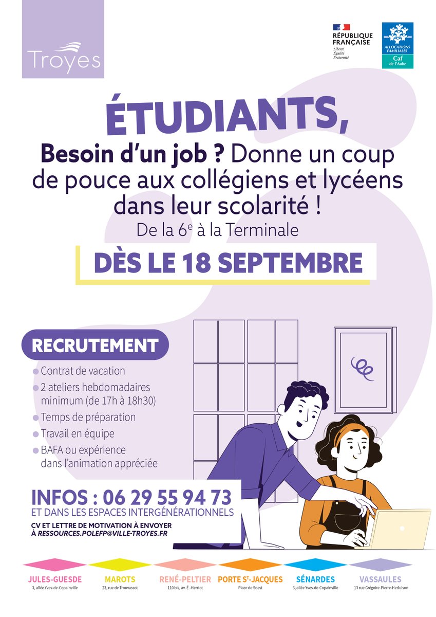 VilledeTroyes's tweet photo. COLLÈGIENS, LYCÉENS, ÉTUDIANTS,
DONNEZ-VOUS UN COUP DE POUCE ! 📚
La Ville de Troyes met en place des aides aux devoirs pour les élèves de la 6e à la Terminale à partir du 18 septembre.
-
#aideauxdevoirs #devoirs #collegiens #etudiants #troyes https://t.co/fgUvoT1PPL
