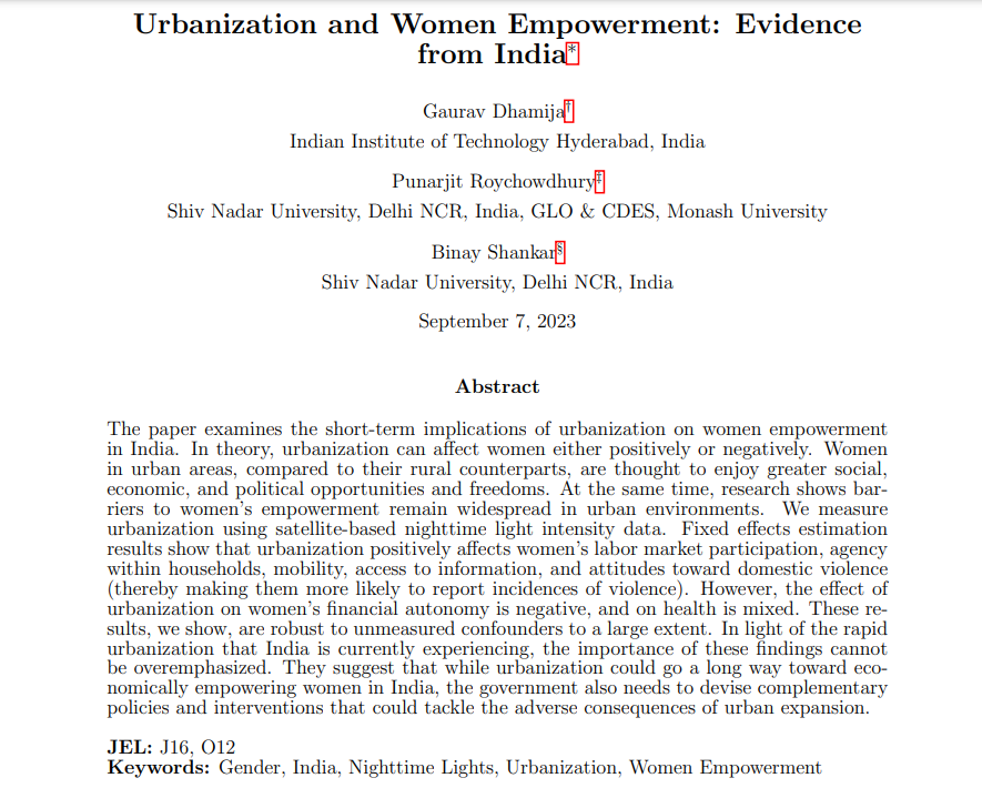 🚨New #Workingpaper🎯 GLO DP, jointly with  @punarjitrc and @GauravDhamija15 

'Urbanization and Women Empowerment: Evidence from India' results in several interesting facts about gender norms and attitudes toward IPV,...

Link 👉econstor.eu/bitstream/1041…