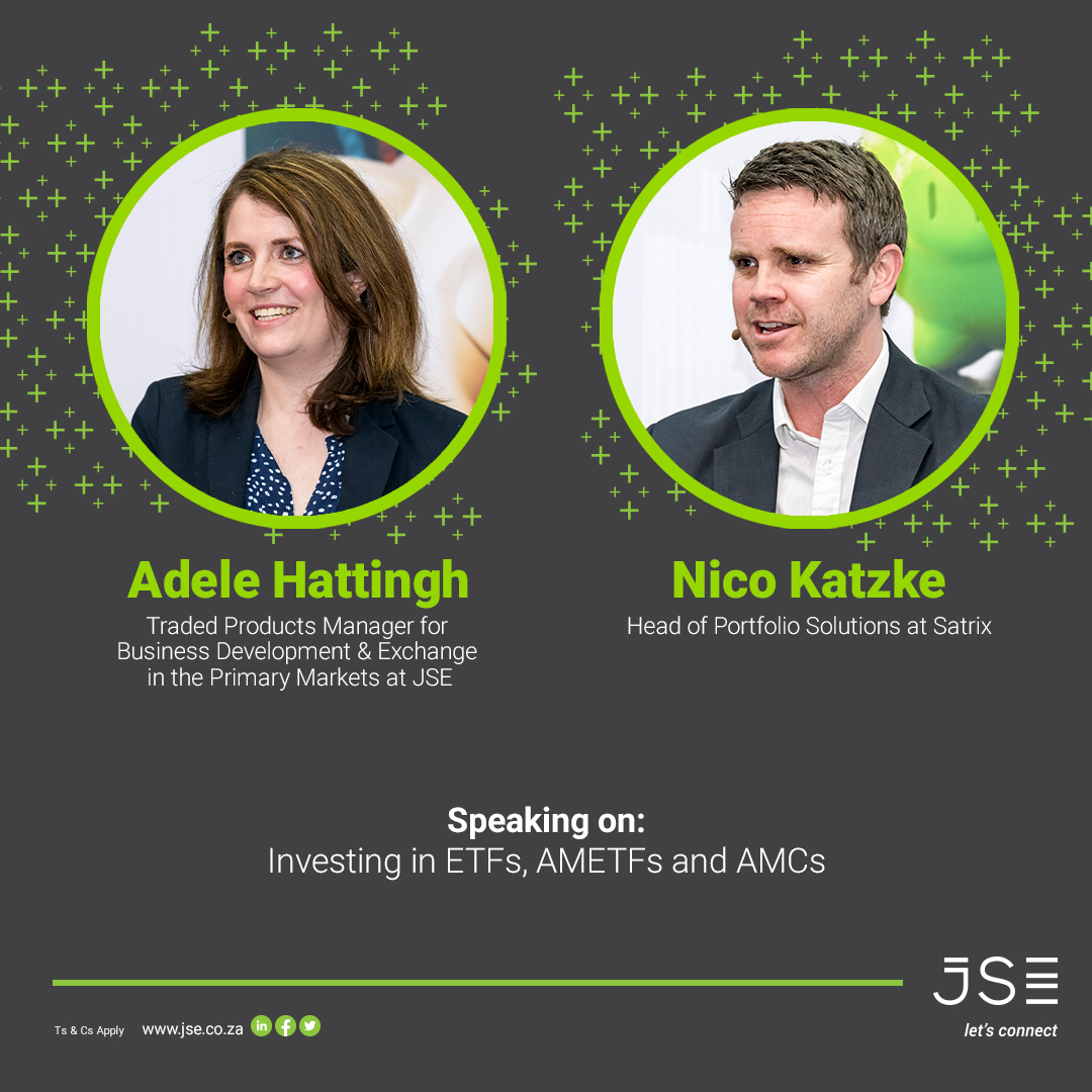 JSE_Group's tweet photo. Next up in today's #Leaderex talks are Adele Hattingh, Traded Products Manager for Business Development &amp; Exchange in the Primary Markets at JSE, and Nico Katzke, Head of Portfolio Solutions at Satrix. Their discussion on ETFs, AMETFs and AMCs is packed with lessons. https://t.co/jj66c7Zyi2