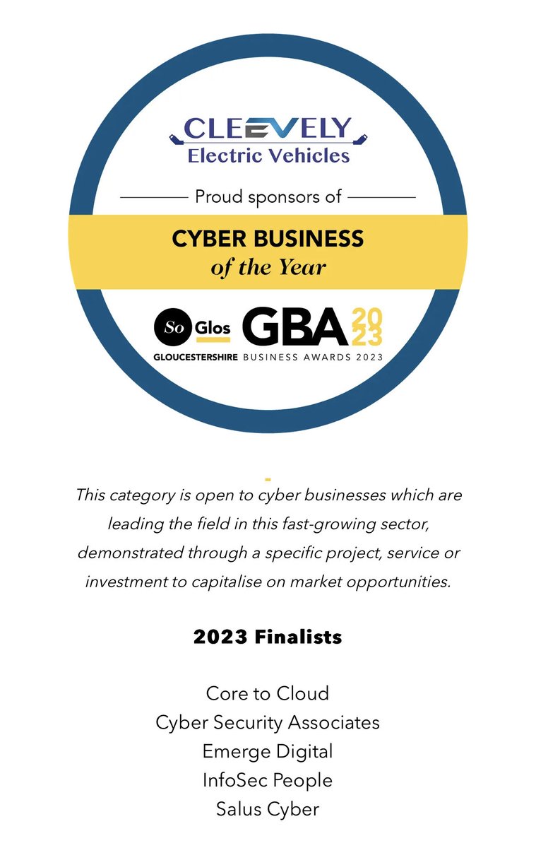 Congratulations to the finalists of #SGGBA  Cyber business of the year,  ⁦<a href="/coretocloud/">Core to Cloud Ltd</a>⁩ ⁦<a href="/CyberSecurityIs/">Cyber Security Associates Ltd</a>⁩ ⁦<a href="/EmergeDigitalGB/">Emerge Digital</a>⁩ ⁦<a href="/InfoSecPeople/">InfoSec People Ltd</a>⁩ ⁦<a href="/SalusCyberTech/">SalusCyberTech</a>⁩ 🍾🙌🥂🙏