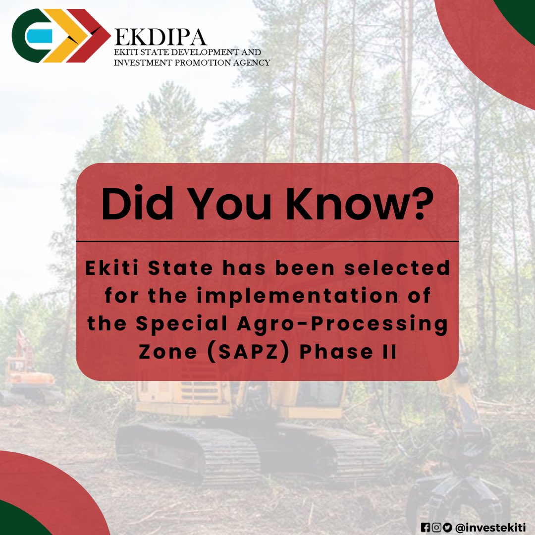 #InvestEkiti: The Ekiti SAPZ is an initiative of the Ekiti State Government to boost agricultural development within the state for the purpose of attracting Foreign Direct Investment (FDIs), ensuring food security, generating employment, and boosting the GDP of the state. The