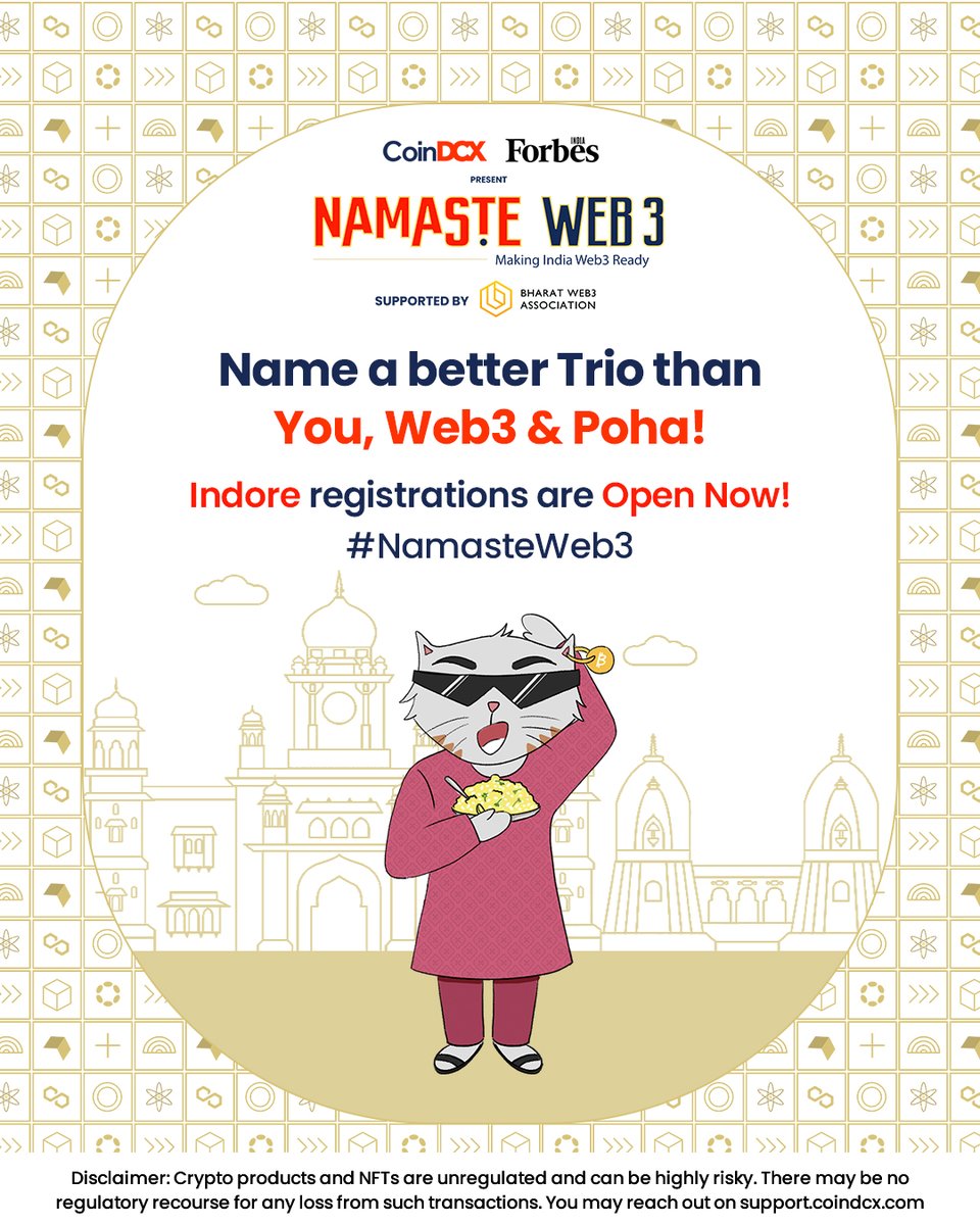CoinDCX's tweet photo. #Web3 folks of Indore!! π
#NamasteWeb3 is coming to your city in partnership with @ForbesIndia and supported by @BW3Association
Registrations open now: https://t.co/vnL2KJy2Ag
#Web3FutureofInternet #Indore