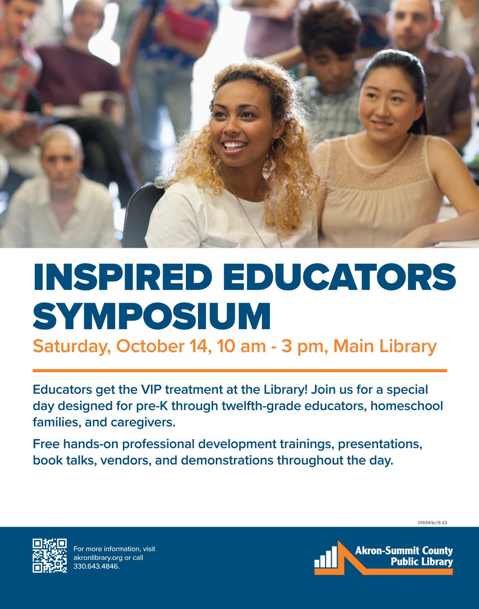 Educators get the VIP treatment at the Library! Join us for a special day designed for pre-K through twelfth-grade educators and caregivers.

Free hands-on professional development, presentations, book talks, vendors, and demos!

Details: services.akronlibrary.org/event/8921167