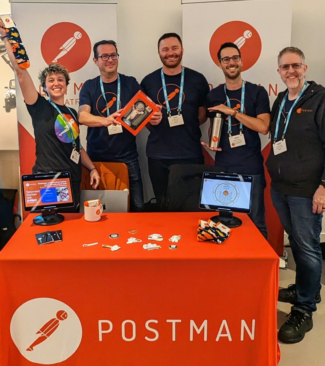 MarinePostman's tweet photo. What a blast #apidaysLondon was!! Thank you all for stopping by the @getpostman booth and grabbing our awesome swag! 🥳 #dreamteam @arlemi @iandouglas736 Elio and Nicholas https://t.co/k2eEj378ZF