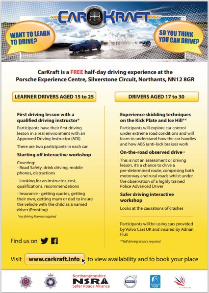 Are you aged 17-30 and a qualified driver? How would you like to learn new driving skills? Places are available for the FREE CarKraft driving experience on Sunday, Nov 12, at the Porsche Centre, Silverstone. For more details, visit ow.ly/XuR050PLC8O