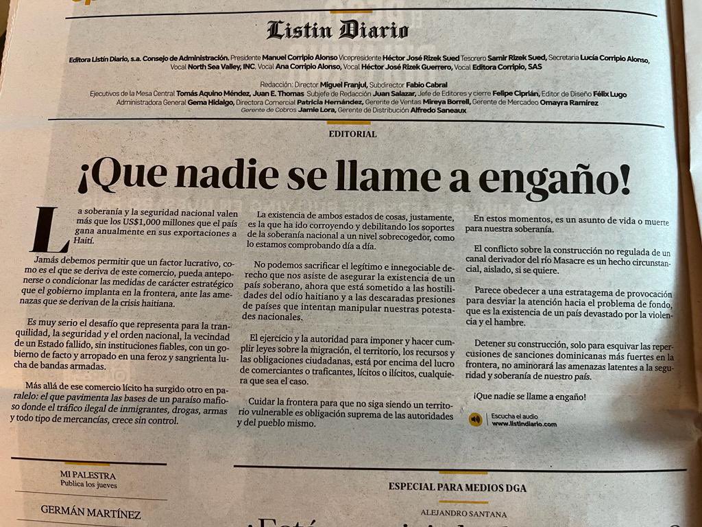 JottinCury's tweet photo. Valiente la línea editorial del LD. Ninguna razón de naturaleza económica puede doblegar la posición de nuestro país con el tema haitiano. Son enemigos que la hipocresía oficial le ha endilgado el calificativo de “hermanos”. La soberanía y dignidad nacional no tienen precio. https://t.co/QJYZDCgHSQ