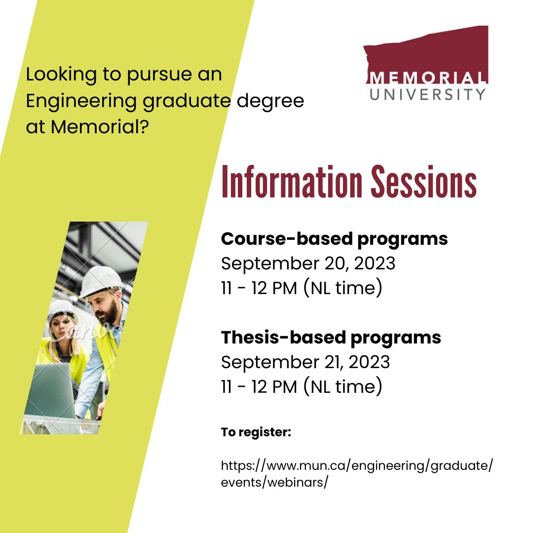 MUN_EngGraduate's tweet photo. 📢 Our Information Sessions for prospective engineering graduate students are scheduled next week! 

Please come and join us! https://t.co/jqn48M9JFA