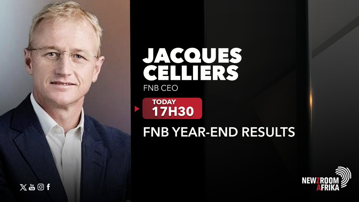 Newzroom405's tweet image. [COMING UP] FNB CEO Jacques Celliers will be speaking about the bank's year-end results on #ThePulse at 17h30.

Tune into #Newzroom405 for more details.