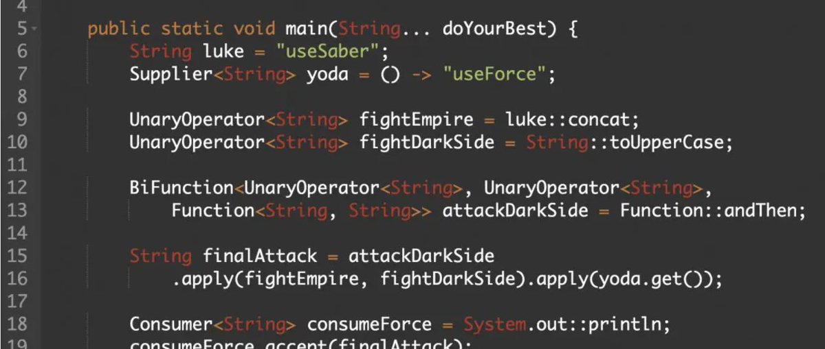 RafaDelNero's tweet photo. Explore the #UnaryOperator, #Function, and #BiFunction functional interfaces working in a composed way. 💻

Take on the Jedi Dark Side #Lambda #JavaChallenge!💡https://t.co/vv777Ymrqv

 #JavaJedi #MayTheLambdaBeWithYou https://t.co/EMeOaeSD5e