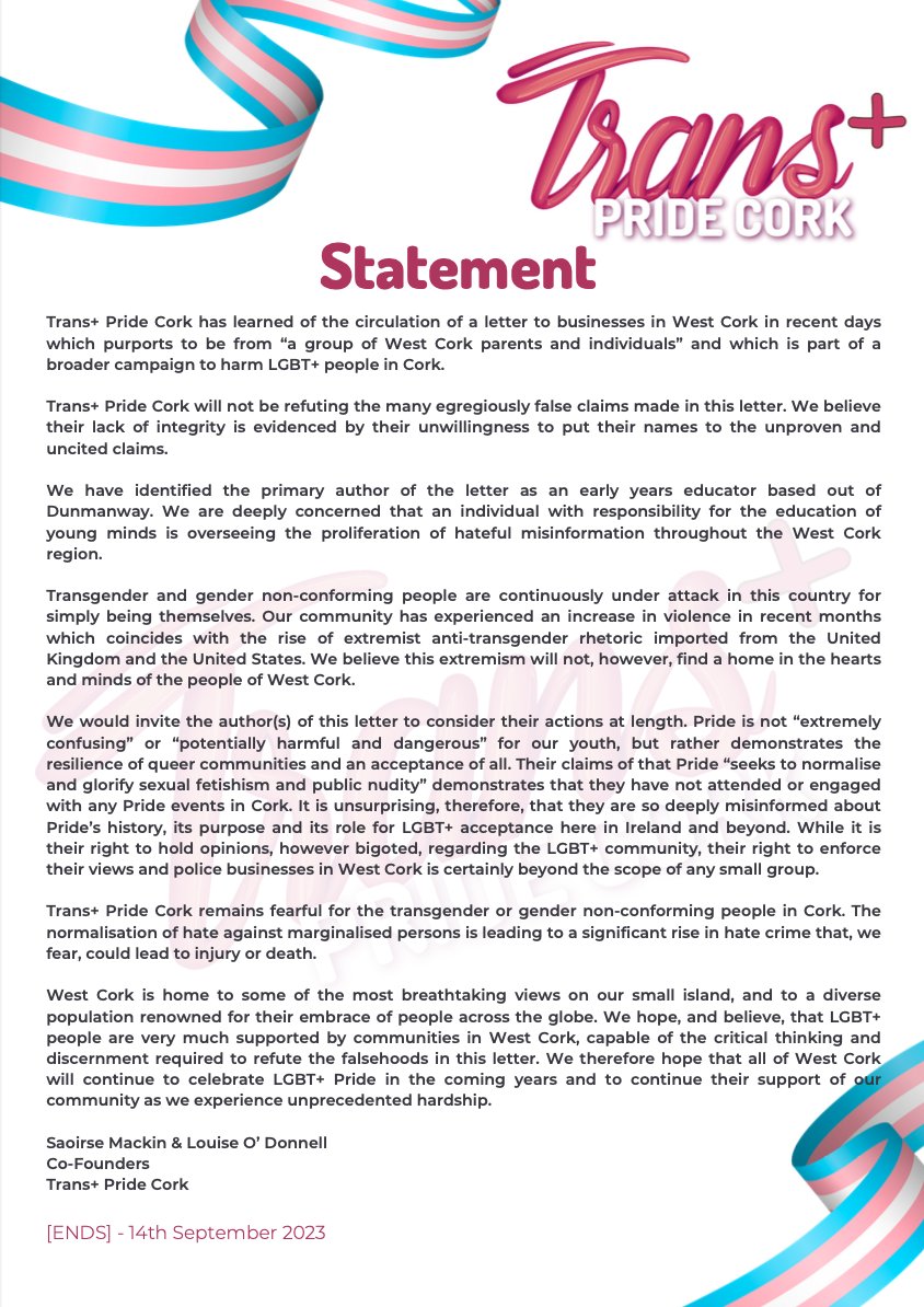 Our statement on the 'Pride Concerned Parents' letter currently being circulated to businesses in West Cork.
#TransRightsAreHumanRights #TransLivesMatter #Pride #NoLGBWithoutTheT