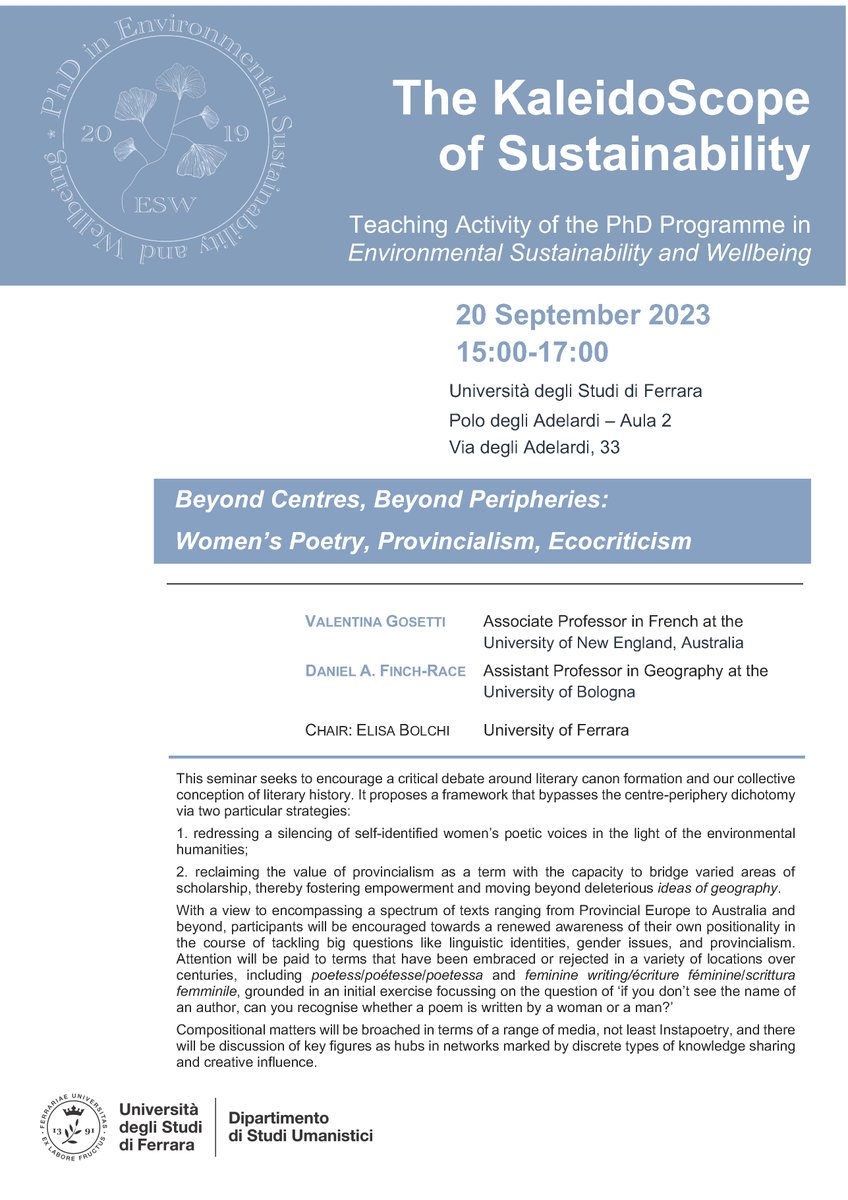 GosettiV's tweet photo. Are you free next week? Come and listen to #TeamFinchetti @UniFerrara. Our talk is entitled:
"Beyond Centres, Beyond Peripheries: Women's Poetry, #Provincialism, #Ecocriticism"
#PoetryintheProvinces @UNE_Sydney @UniNewEngland @arc_gov_au #DECRA https://t.co/uJvK7uDWZc