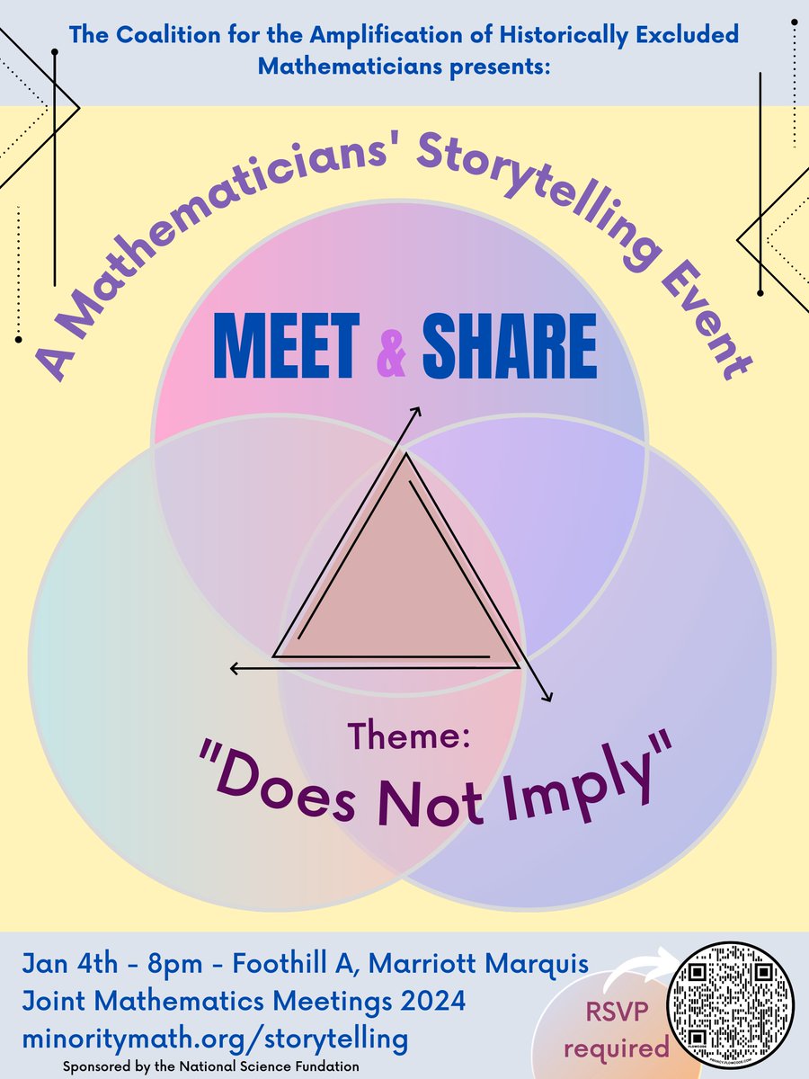 Want to join us at the MEET and SHARE: A Mathematicians’ storytelling event at JMM 2024!  Please fill out the RSVP form at  minoritymath.org/storytelling/. ☺️Theme of the storytelling event is "Does Not Imply." Everyone is welcome to submit stories (deadline: November 25th)! 😍