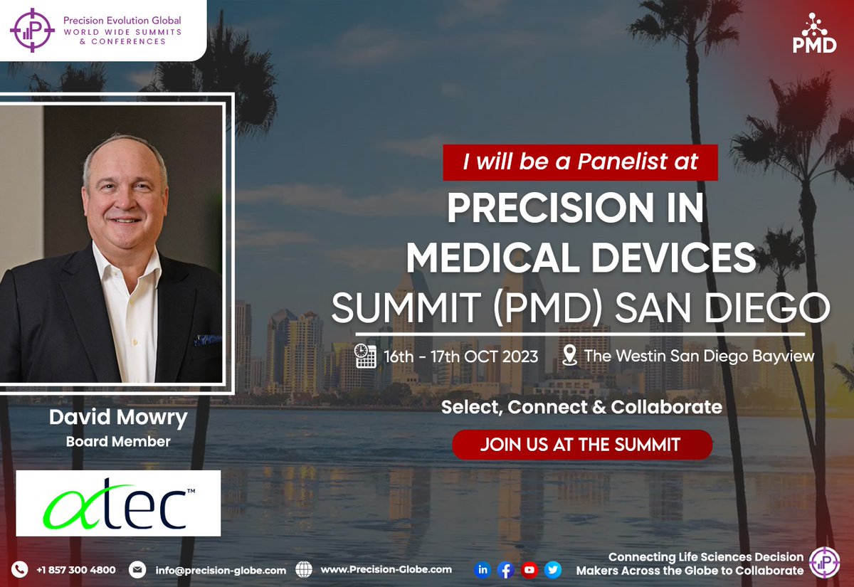 PrecisionEvolu1's tweet photo. We are thrilled to welcome David Mowry of @ATECspine to the #PMDSUMMIT happening in #SanDiego as our newest panelist!

#MedTech #MedicalDevices #AI #ML #Data #Platform #AtecSpine #NEurology #CNS #Cardiovascular #Therapeutics #Learning #Events #Summits https://t.co/4N0amgMafQ