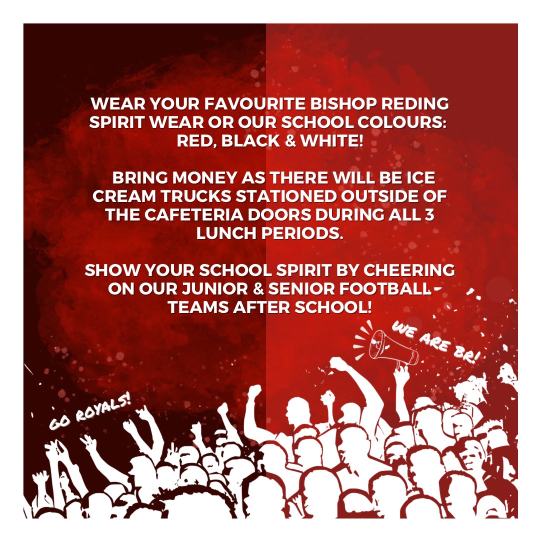 WELCOME BACK <a href="/BishopReding/">Bishop Reding</a> ROYALS! Celebrate the start of another great year with us by participating in a Royals spirit day next Thurs! Wear your best BR swag or our school colours. Bring $ for lunchtime ice cream trucks🍦&amp; watch our football teams play SFX @ BR after school🏈!