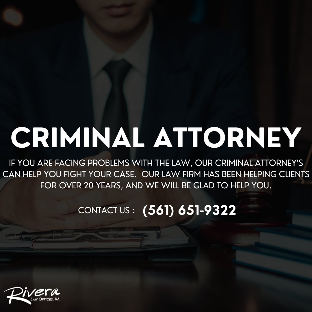 Our criminal attorney's are here to fight your case! 🌟 Are you facing problems with the law? Contact us today! 

☎️ (561) 651-9322

#RiveraLaw #AttorneyRivera #CriminalLaw #CriminalAttorney #Criminal #ContactUs #Court #abogado #attorney #westpalmbeach #ThePalmBeaches