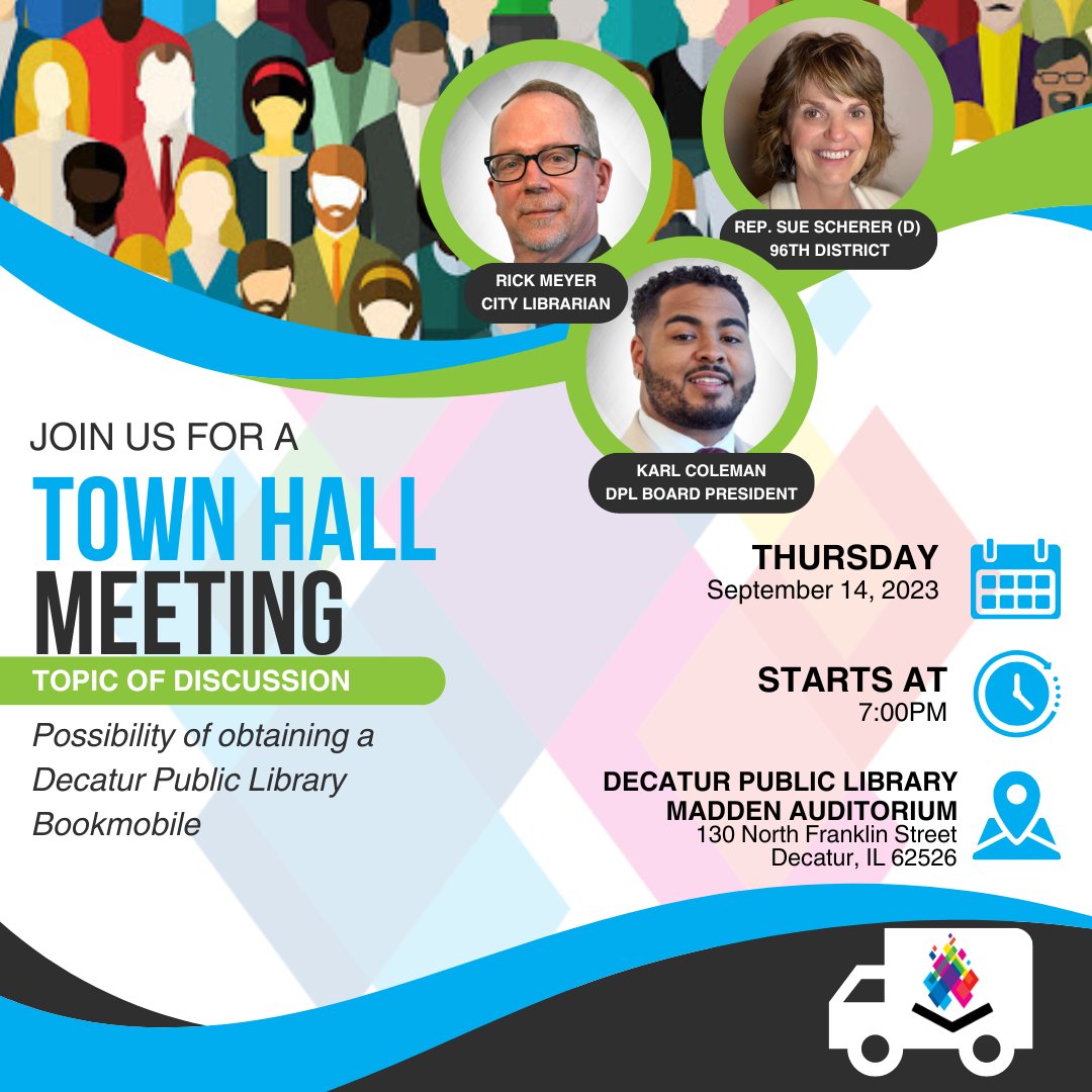LibraryDecatur's tweet image. Join State Representative Sue Scherer, DPL Board President Karl Coleman, and City Librarian Rick Meyer to discuss bookmobile service at the Decatur Public Library.
#decaturil #centralillinois #maconcountyil #decatur #illinois #limitlessdecatur #decaturpubliclibrary #bookmobile