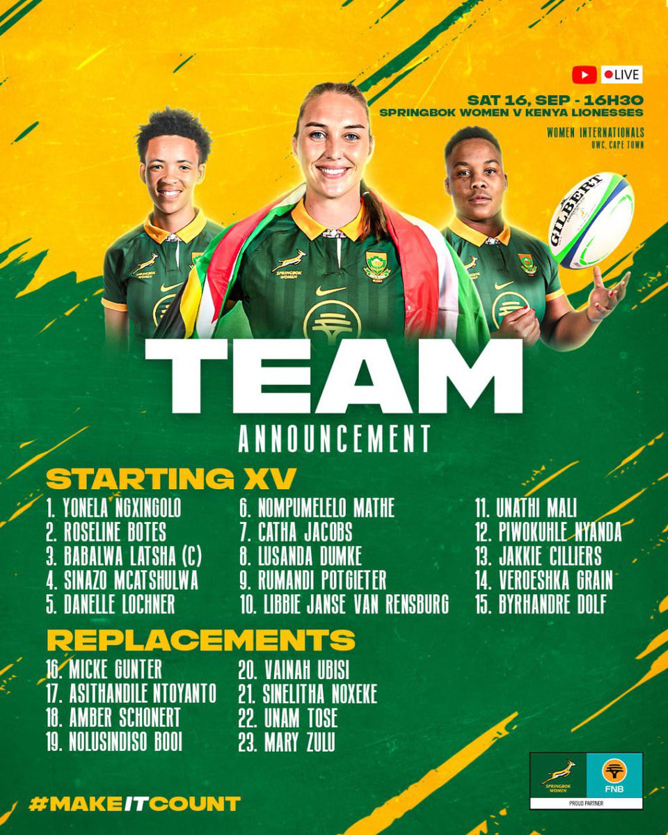 The #BokWomen team to face the Kenya Lionesses on Saturday has been announced 🇿🇦🏆

Watch the action live on our YouTube channel from 16:30.

#MakeItCount