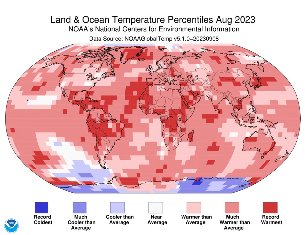 (1 of 5) IT’S OFFICIAL: The world just had its hottest August on record.

5th-consecutive month of record-high global ocean surface temps.

4th-consecutive month of record-low Antarctic #SeaIce coverage.

bit.ly/3EDpzAE

<a href="/NOAANCEI/">NOAA NCEI</a> #StateOfClimate
