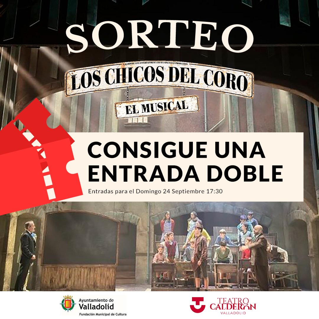#GoValladolid  ¡SORTEO!
🎟️🎟️ 2 entradas para <a href="/LosChicosdelCo/">Los Chicos del Coro -El Musical</a> en <a href="/TCalderonVLL/">Teatro Calderón</a> el domingo 24 a las 17:30 h
Cómo participar:
1️⃣ Sigue en Instagram a @ culturavll 
2️⃣ Like a la publicación
3️⃣ Menciona en ella con quién asistirás
Del 14 al 21 de sept
Bases acortar.link/bases-sorteo-e…