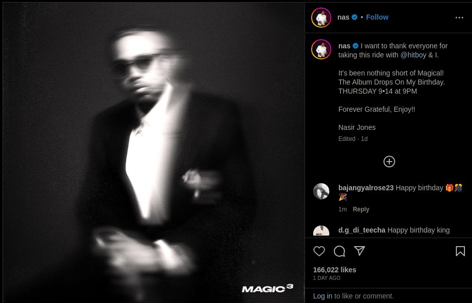 So, on the morning I woke up and decided to listen to Magic and Magic 2, Nas goes and announces Magic 3. Dude did say "by the time ya'll hear this one, we be halfway through the next one" 

And he delivered. On his birthday no less. 🥳

<a href="/Nas/">Nasir Jones</a> is doing Juju.