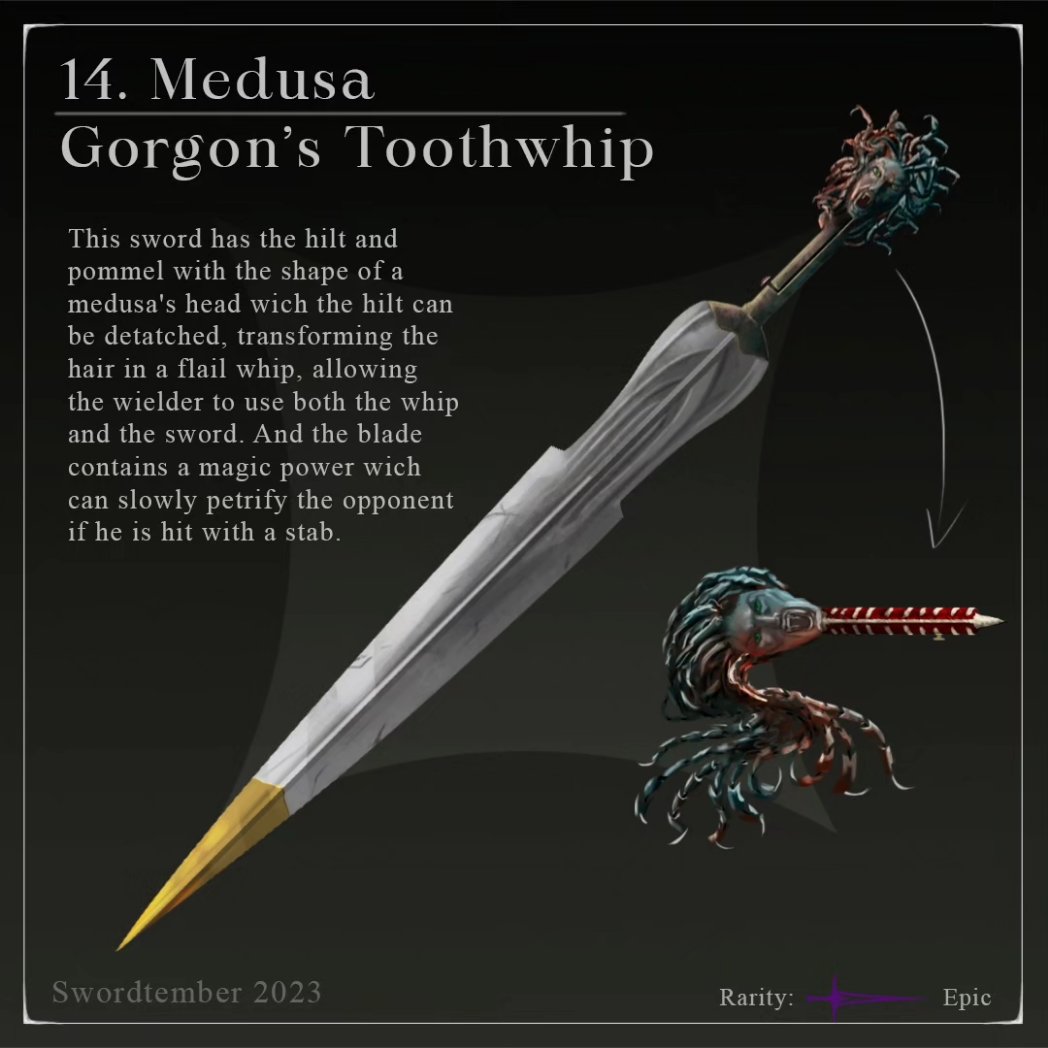 BrendonnNavarro's tweet photo. Day 14 - Medusa - Gorgon's Fangwhip
Swordtember 2023
Prompts by: @randomspirits
.
.
.
#swordtember #swordtember2023  #randomspirits #sword #swordart #prop #swordprop #medusa #medusasword #whip #flail #gorgon #snake #serpent #petrify #art #conceptart #propart #proparts #propsword https://t.co/UqMiLnONo6