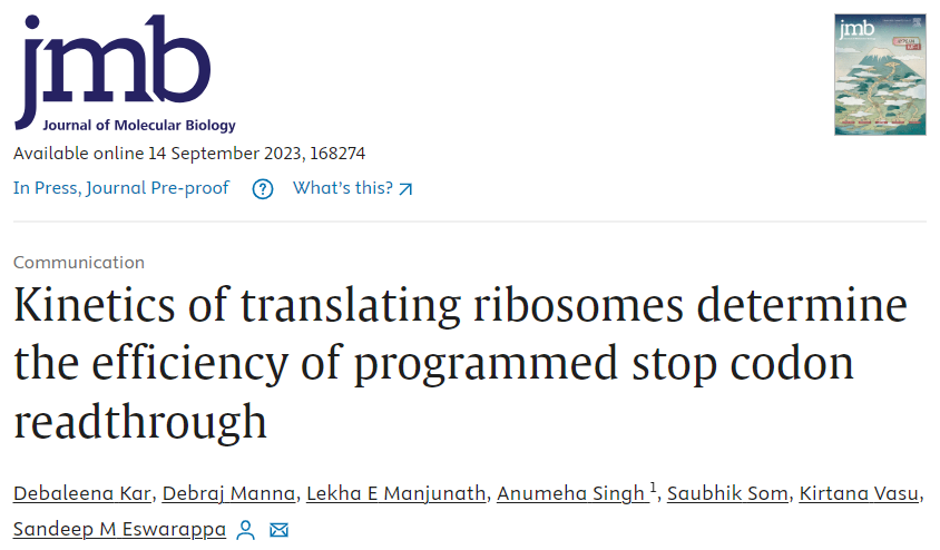 #NewPaperAlert Read our latest @JMolBiol paper to find out how the kinetics of translating ribosomes determine the efficiency of programmed stop codon readthrough bit.ly/DKSME
@debaleenak8 @DebrajManna27 @emlekha @Anumehasingh25 @SaubhikSom 
@iiscbangalore @BICS_IISc