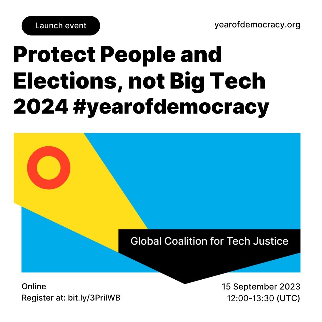 We've got an exciting lineup of global speakers -- and a message from US Congressman <a href="/RoKhannaUSA/">Ro Khanna</a> ! 2024 will be a big #yearofdemocracy with 65+ elections, threatened by online abuse + disinformation. Join the launch of our <a href="/GC_TechJustice/">Global Coalition for Tech Justice</a> campaign  us02web.zoom.us/meeting/regist…