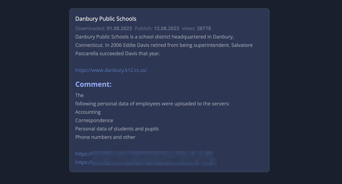 _venarix_'s tweet photo. New #ransomware, #CryptBB, claims responsibility for the #cyberattack on Danbury Public Schools (@danburyk12), a public school district in Connecticut, 🇺🇸. This incident exposed #PII, including names, SSNs, and banking info...
#databreach https://t.co/6sA4yvkeM2