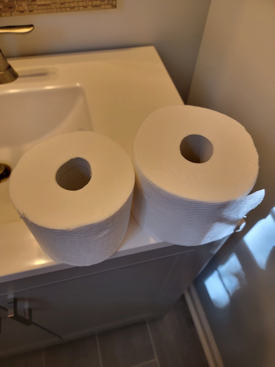 What's the toilet paper math on how many potential rolls of toilet paper I'm missing out on because of this size change?

Both rolls are Cottonelle Ultra Comfort 12 pack. Roll on the right is wider and taller and was bought in February. Roll on the left was bought this week.