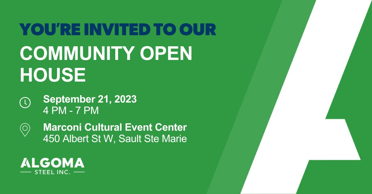 AlgomaSteelInc's tweet image. Interested in learning about our plans to shrink our environmental footprint as we move to electric arc steelmaking? Join us at our #CommunityOpenHouse on Sept. 21 from 4 - 7 PM at the Marconi Cultural Event Center to talk with our team. 

bit.ly/3PkKvS4